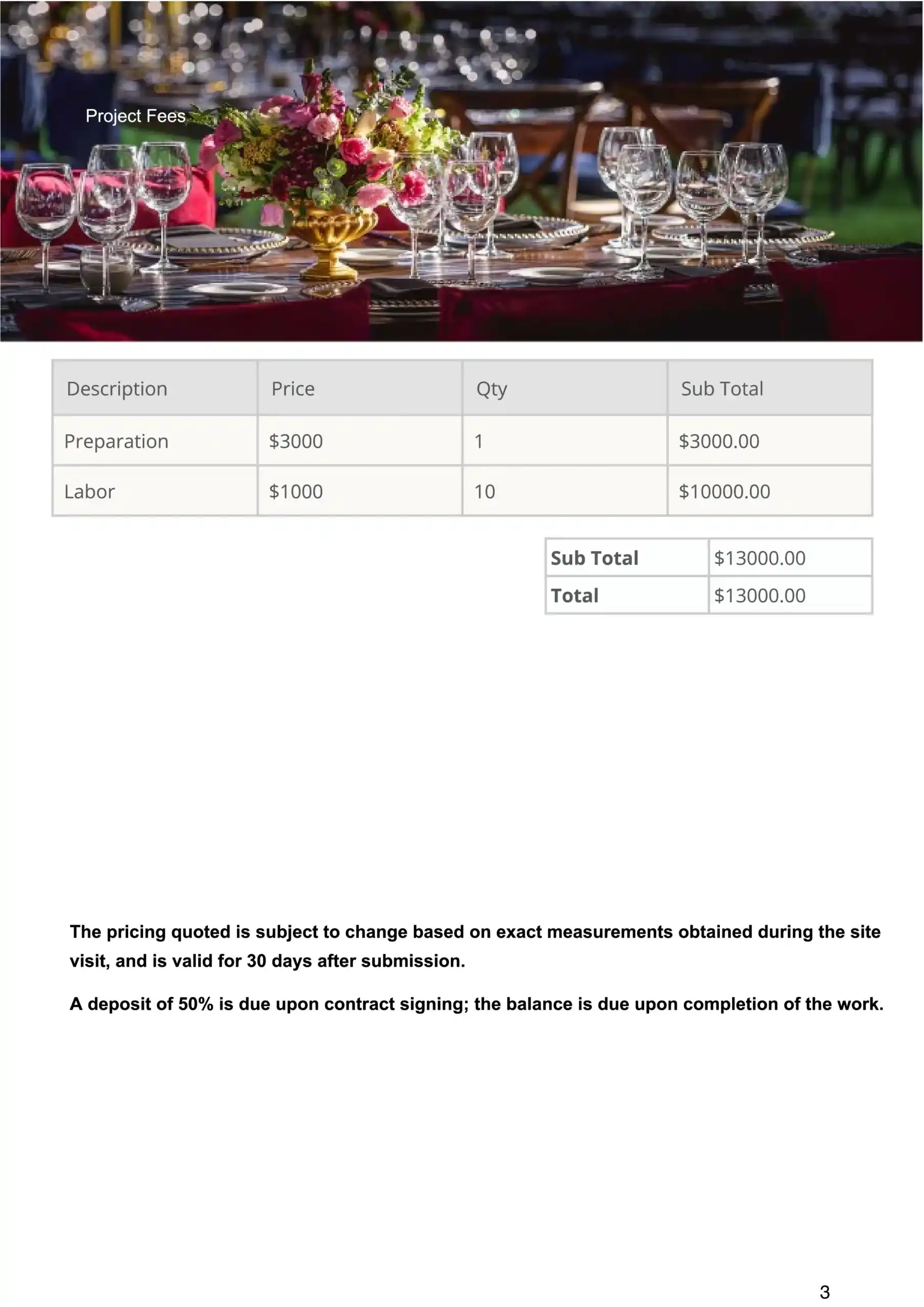 Catering Proposal template project fee