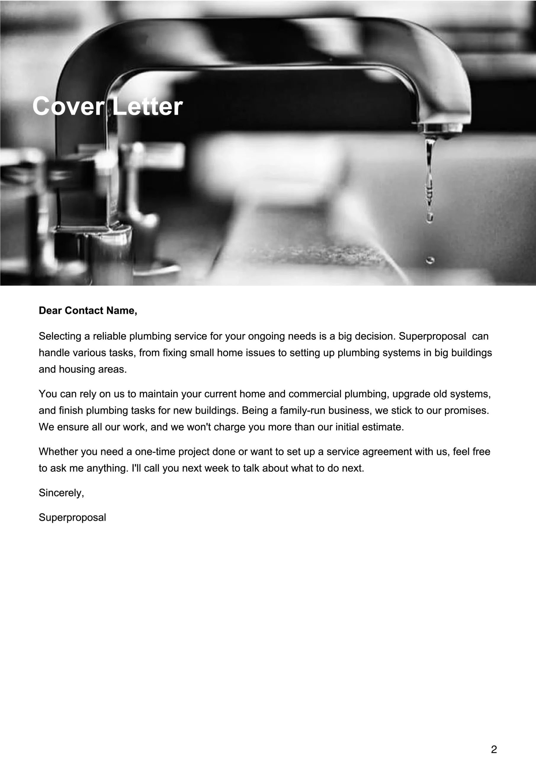 plumbing proposal template cover letter