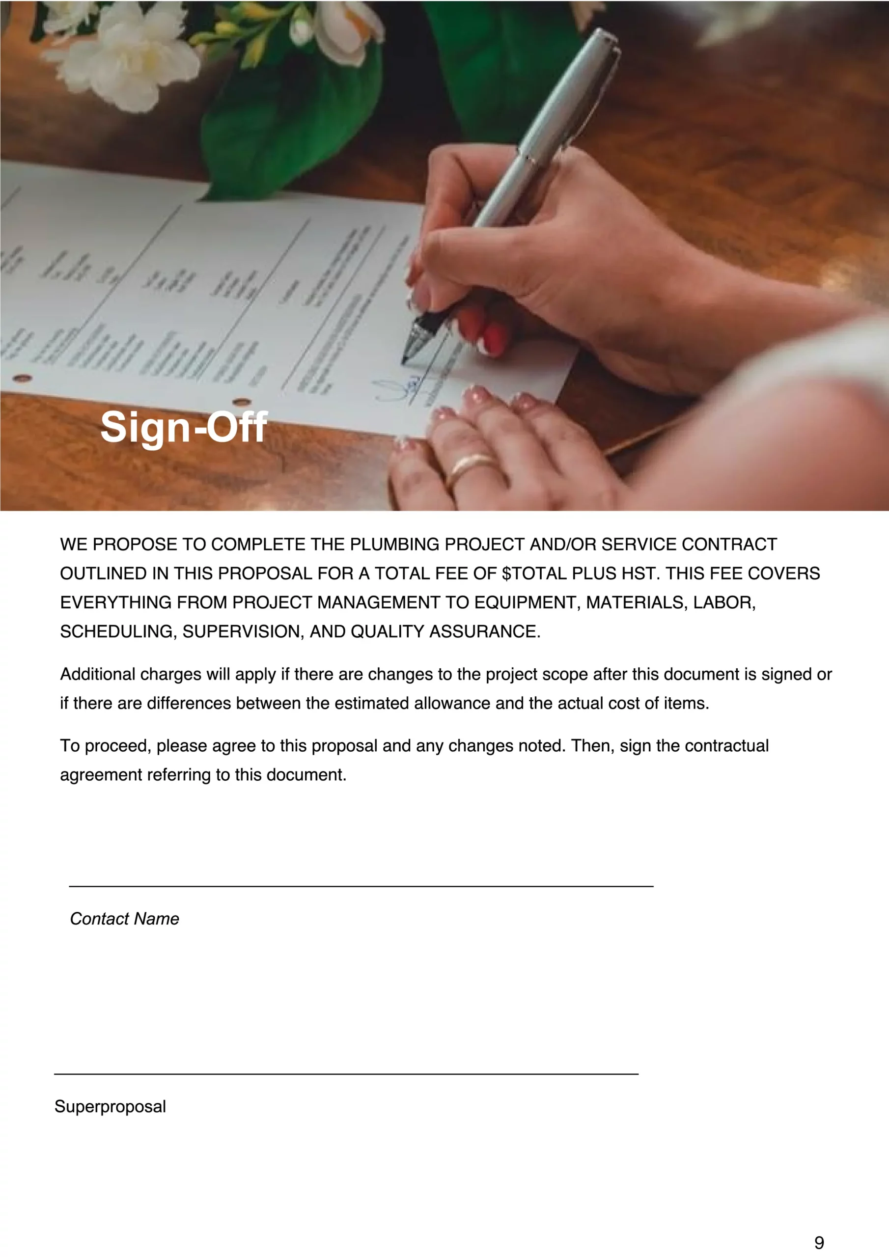 plumbing proposal template sign off