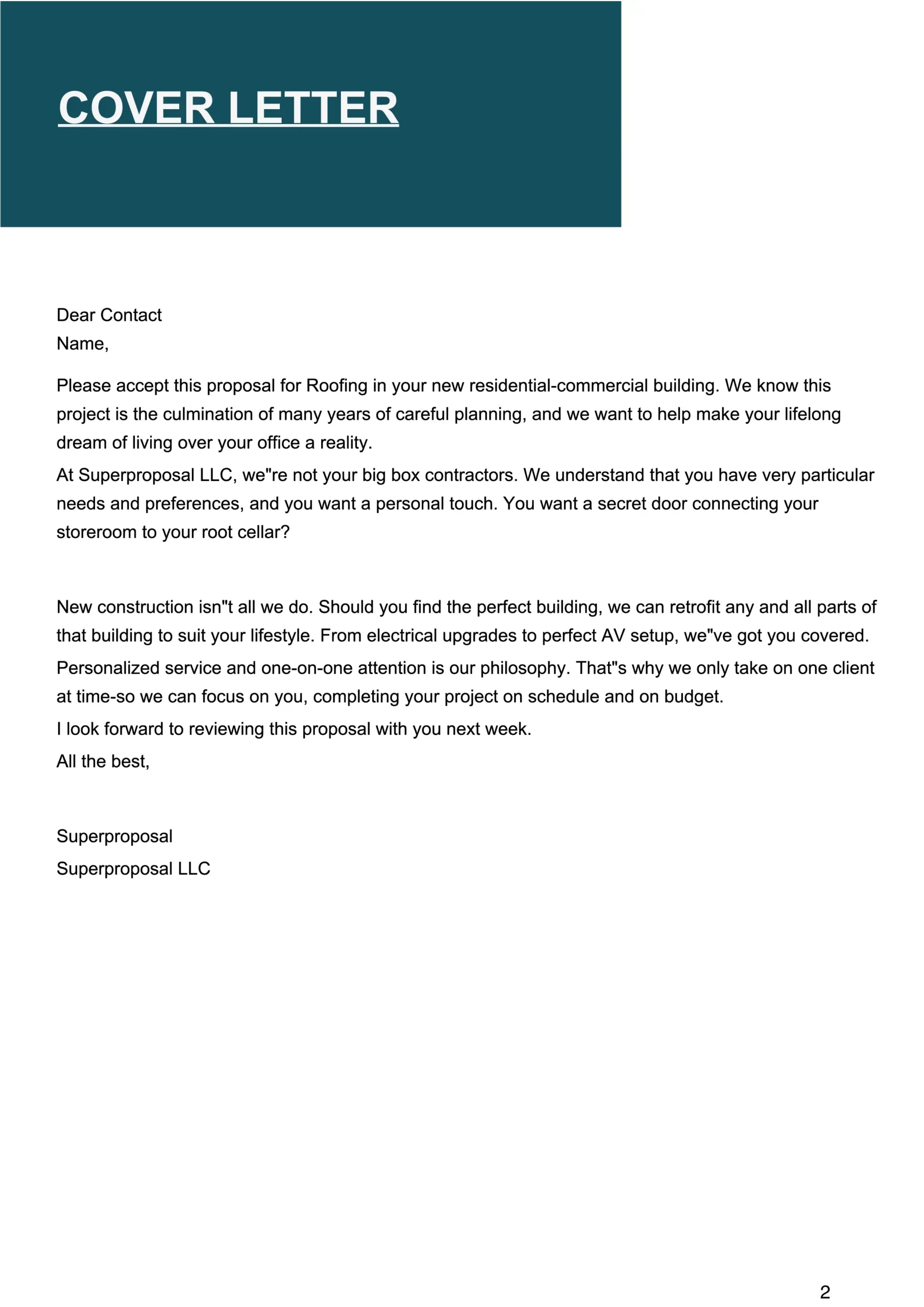 roofing proposal template cover letter